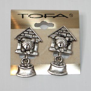 Tofa Silver Tone Earrings Puppy in  Dog House New on Card